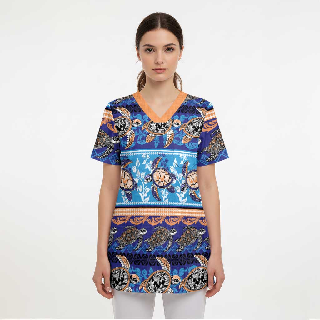 Hawaii Turtles Pattern Special Blue Scrub Top - Polynesian Pride