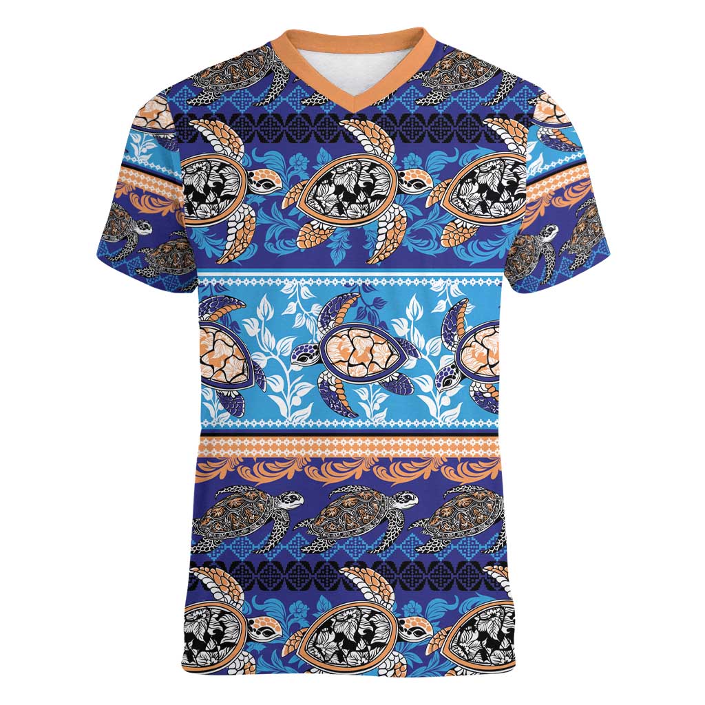 Hawaii Turtles Pattern Special Blue Women V-Neck T-Shirt LT01 Female Blue - Polynesian Pride