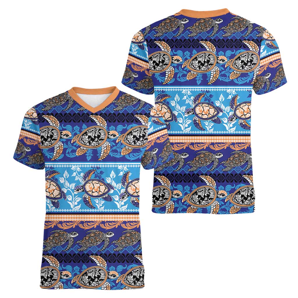 Hawaii Turtles Pattern Special Blue Women V-Neck T-Shirt LT01 - Polynesian Pride