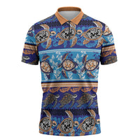 Hawaii Turtles Pattern Special Blue Zipper Polo Shirt - Polynesian Pride