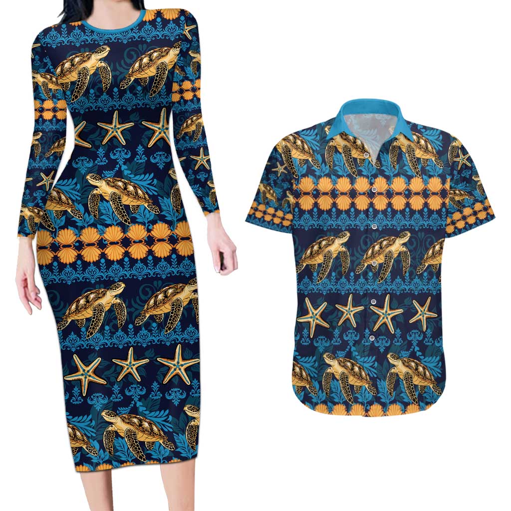 Hawaii Turtles Starfish Unique Pattern Couples Matching Long Sleeve Bodycon Dress and Hawaiian Shirt - Polynesian Pride