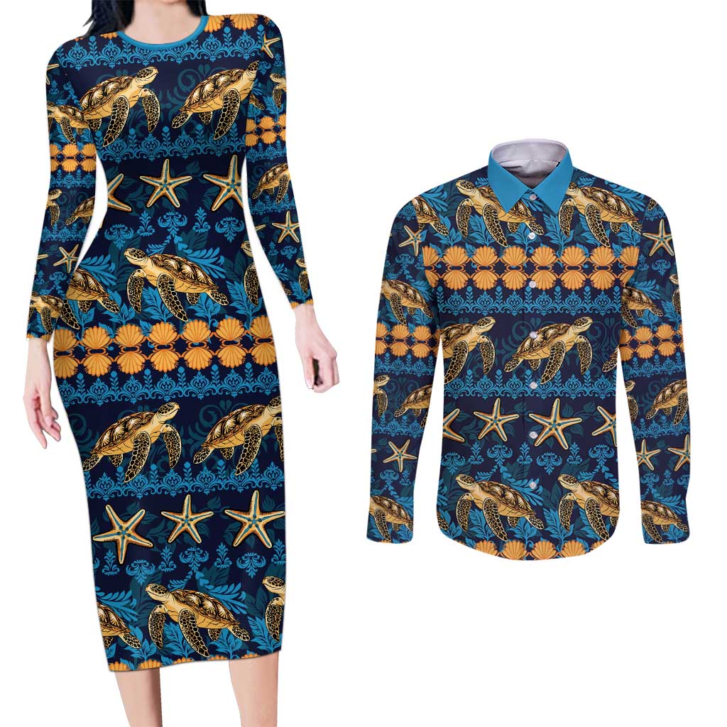 Hawaii Turtles Starfish Unique Pattern Couples Matching Long Sleeve Bodycon Dress and Long Sleeve Button Shirt - Polynesian Pride