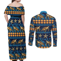 Hawaii Turtles Starfish Unique Pattern Couples Matching Off Shoulder Maxi Dress and Long Sleeve Button Shirt - Polynesian Pride
