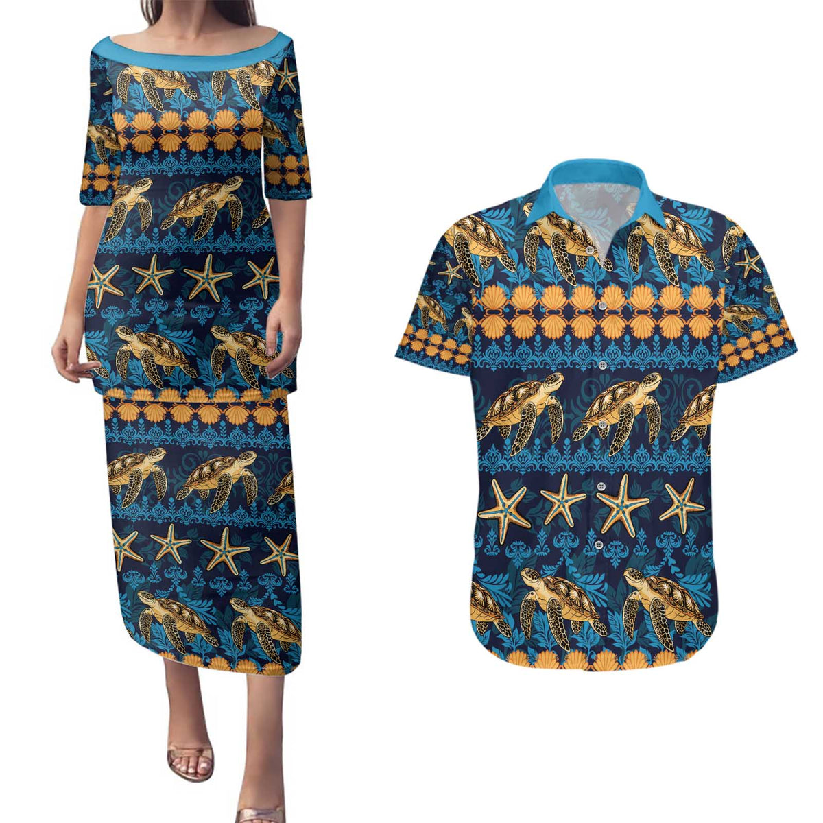 Hawaii Turtles Starfish Unique Pattern Couples Matching Puletasi and Hawaiian Shirt - Polynesian Pride