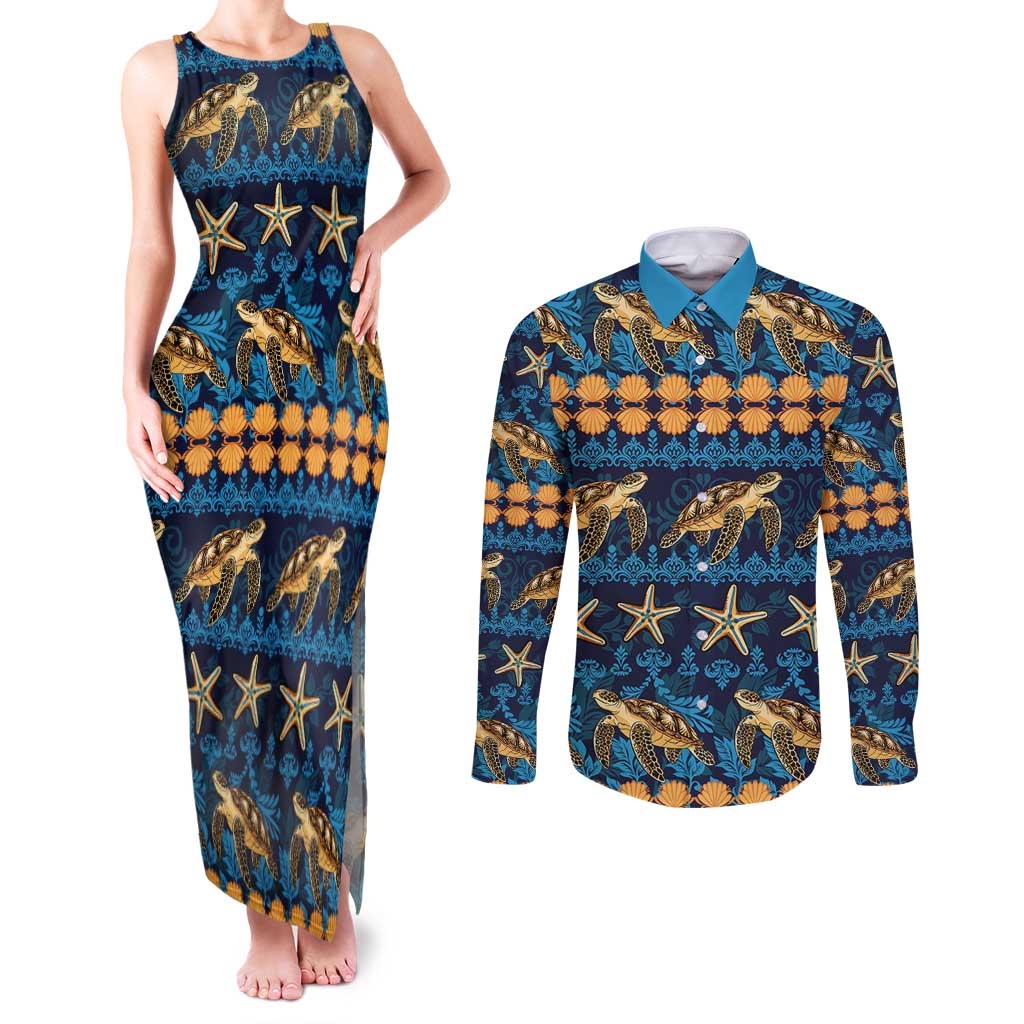 Hawaii Turtles Starfish Unique Pattern Couples Matching Tank Maxi Dress and Long Sleeve Button Shirt - Polynesian Pride