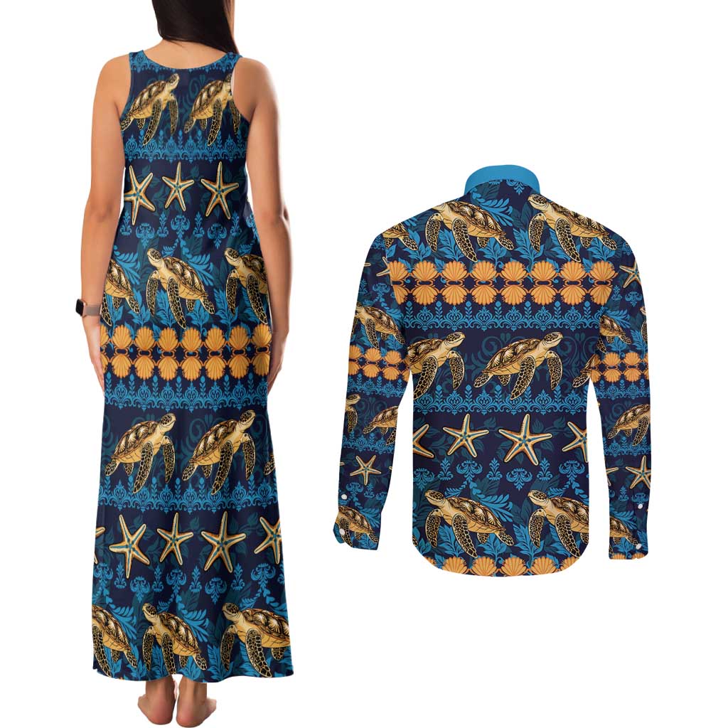 Hawaii Turtles Starfish Unique Pattern Couples Matching Tank Maxi Dress and Long Sleeve Button Shirt - Polynesian Pride