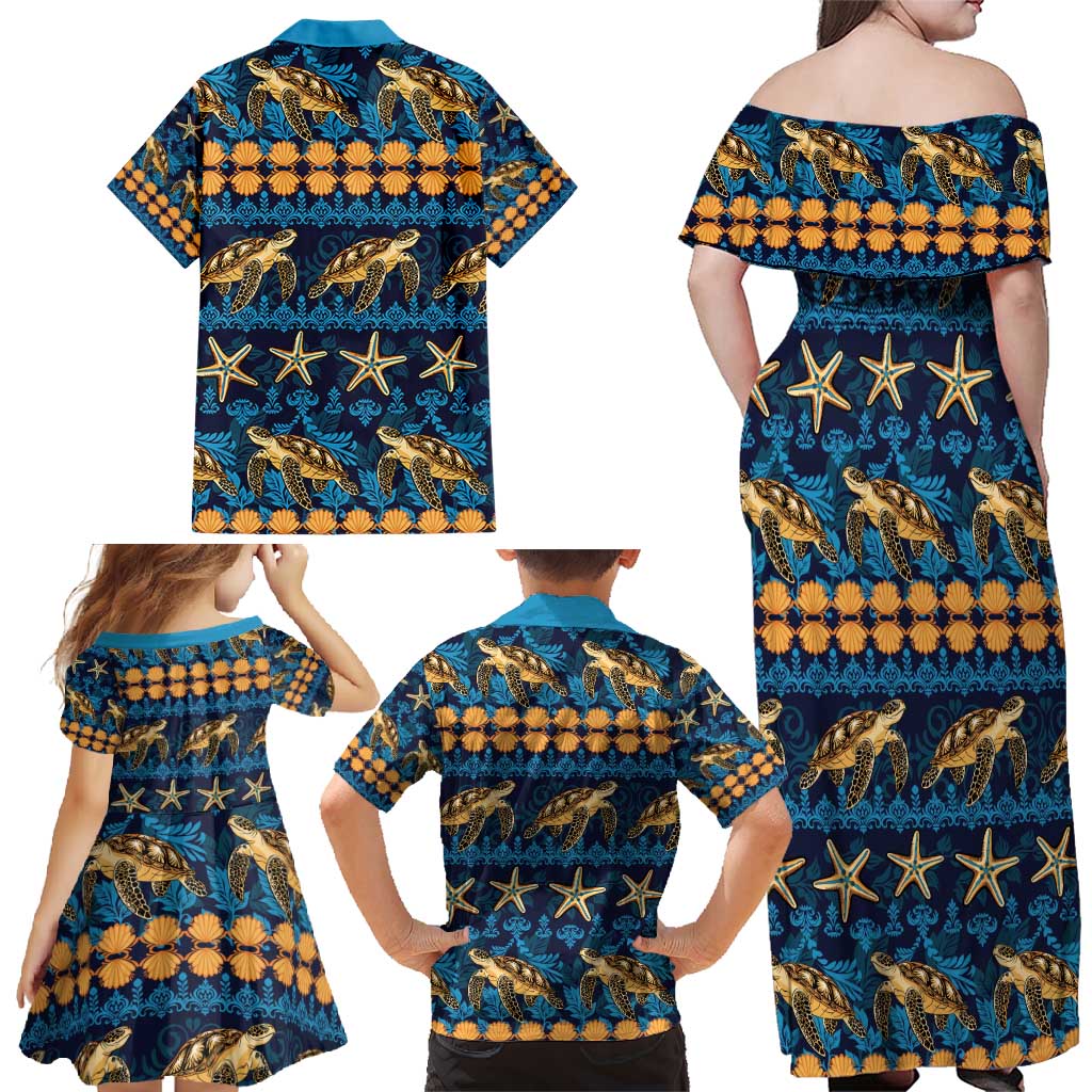 Hawaii Turtles Starfish Unique Pattern Family Matching Off Shoulder Maxi Dress and Hawaiian Shirt - Polynesian Pride