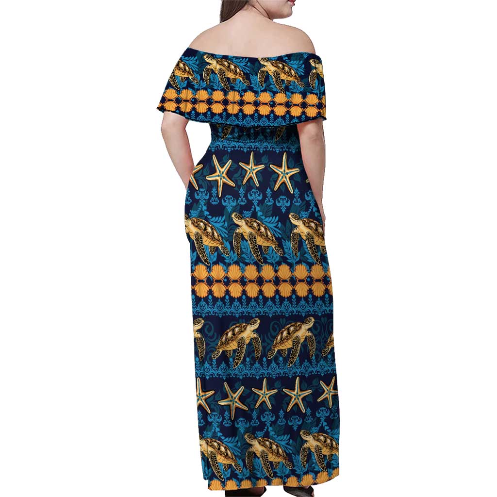 Hawaii Turtles Starfish Unique Pattern Family Matching Off Shoulder Maxi Dress and Hawaiian Shirt - Polynesian Pride