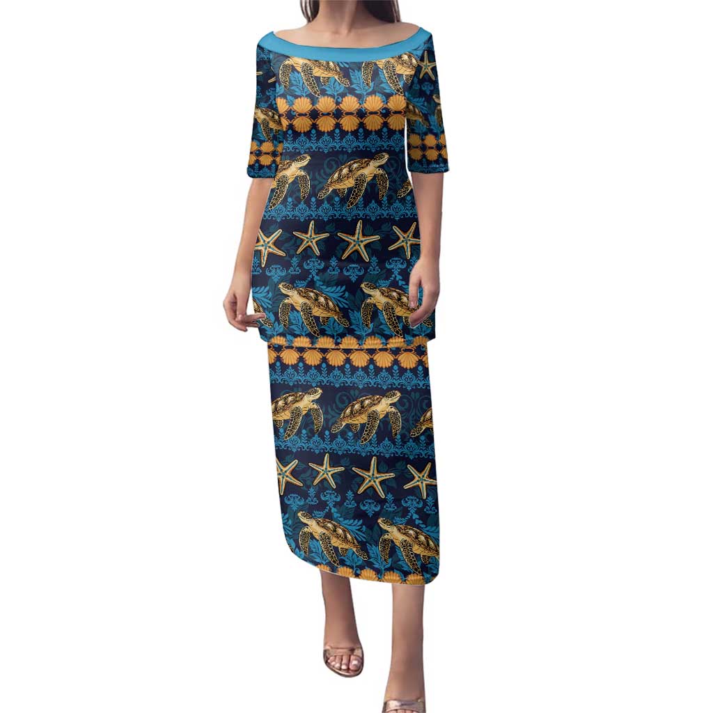 Hawaii Turtles Starfish Unique Pattern Family Matching Puletasi and Hawaiian Shirt - Polynesian Pride