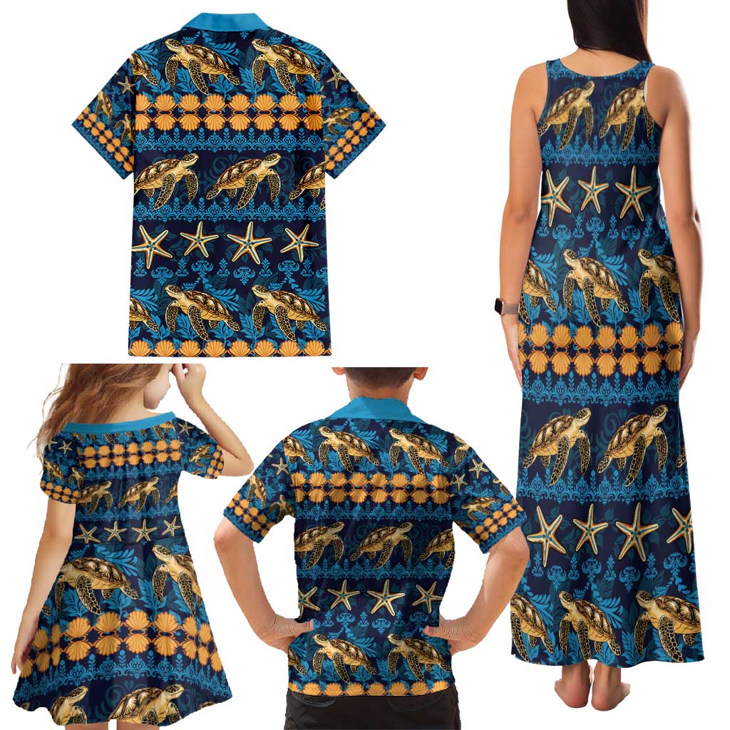 Hawaii Turtles Starfish Unique Pattern Family Matching Tank Maxi Dress and Hawaiian Shirt - Polynesian Pride