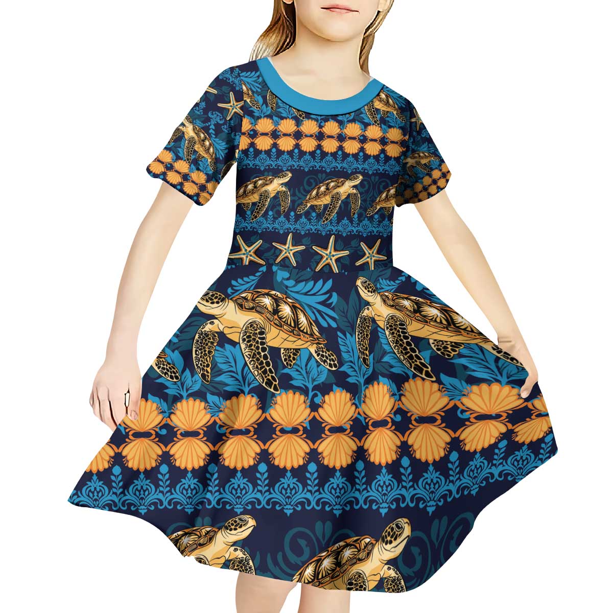 Hawaii Turtles Starfish Unique Pattern Kid Short Sleeve Dress - Polynesian Pride