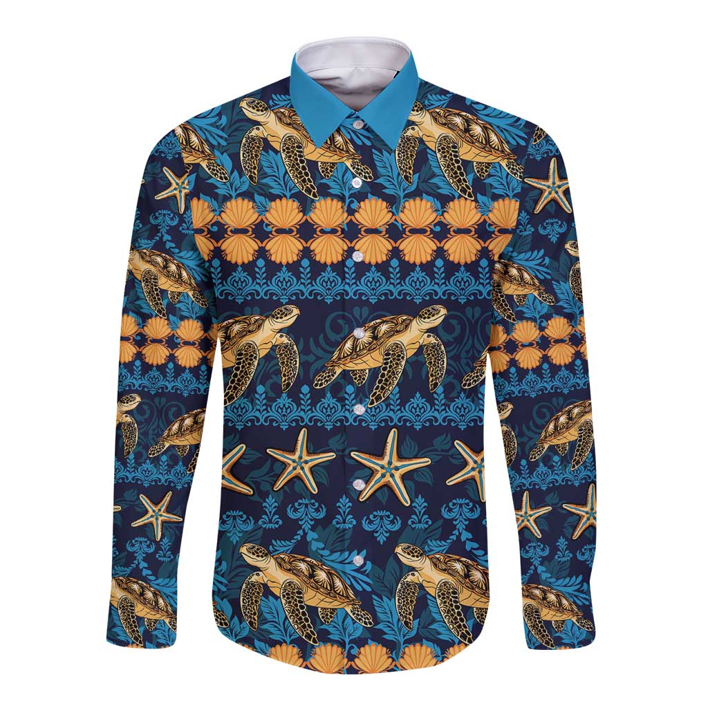 Hawaii Turtles Starfish Unique Pattern Long Sleeve Button Shirt LT01 Unisex Blue - Polynesian Pride