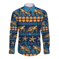 Hawaii Turtles Starfish Unique Pattern Long Sleeve Button Shirt LT01 Unisex Blue - Polynesian Pride