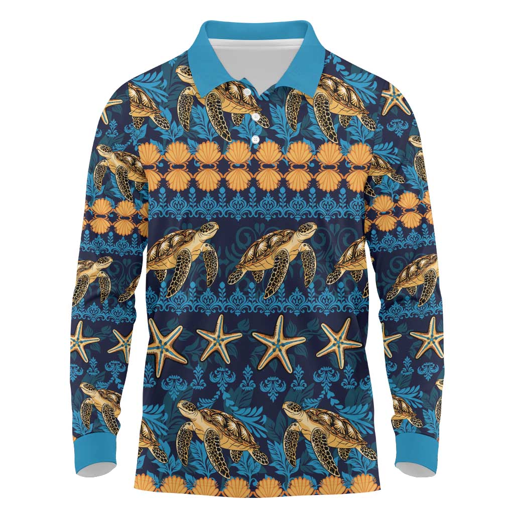 Hawaii Turtles Starfish Unique Pattern Long Sleeve Polo Shirt LT01 Blue - Polynesian Pride