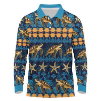Hawaii Turtles Starfish Unique Pattern Long Sleeve Polo Shirt LT01 Blue - Polynesian Pride