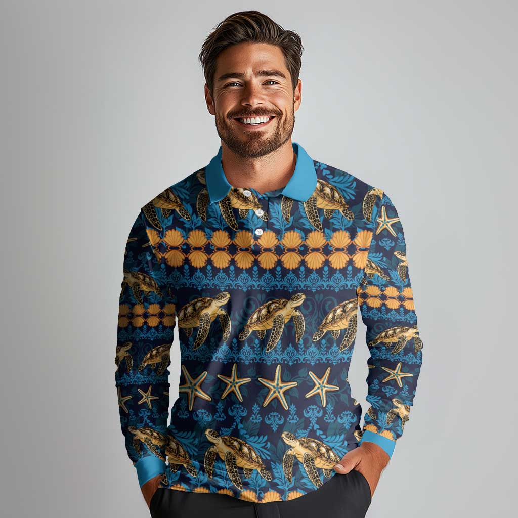 Hawaii Turtles Starfish Unique Pattern Long Sleeve Polo Shirt LT01 - Polynesian Pride