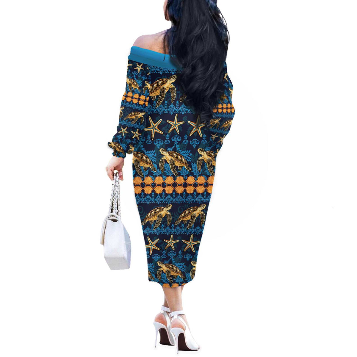 Hawaii Turtles Starfish Unique Pattern Off The Shoulder Long Sleeve Dress - Polynesian Pride