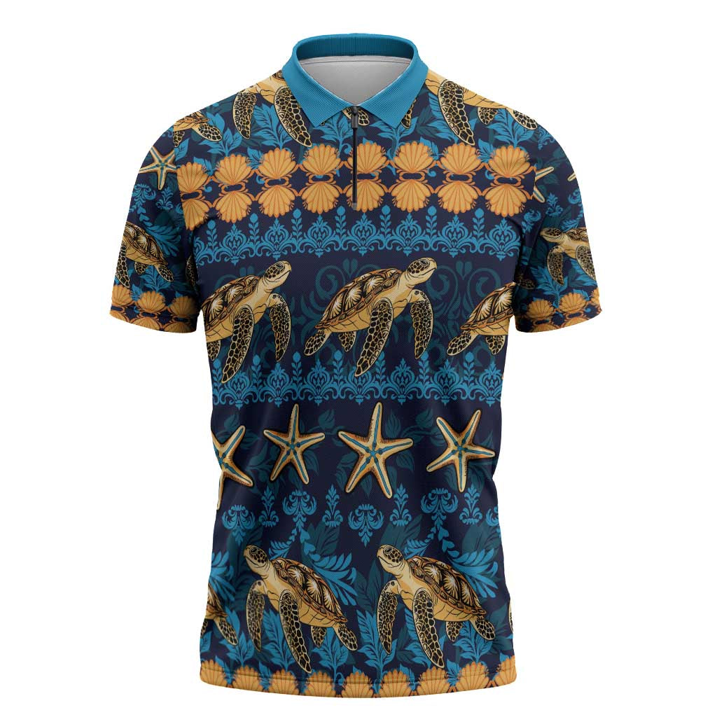 Hawaii Turtles Starfish Unique Pattern Zipper Polo Shirt - Polynesian Pride