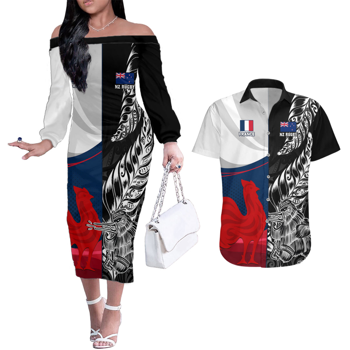 Custom New Zealand And France Rugby Couples Matching Off The Shoulder Long Sleeve Dress and Hawaiian Shirt XV de France Kiwi Silver Fern 2023 World Cup LT01 Black - Polynesian Pride
