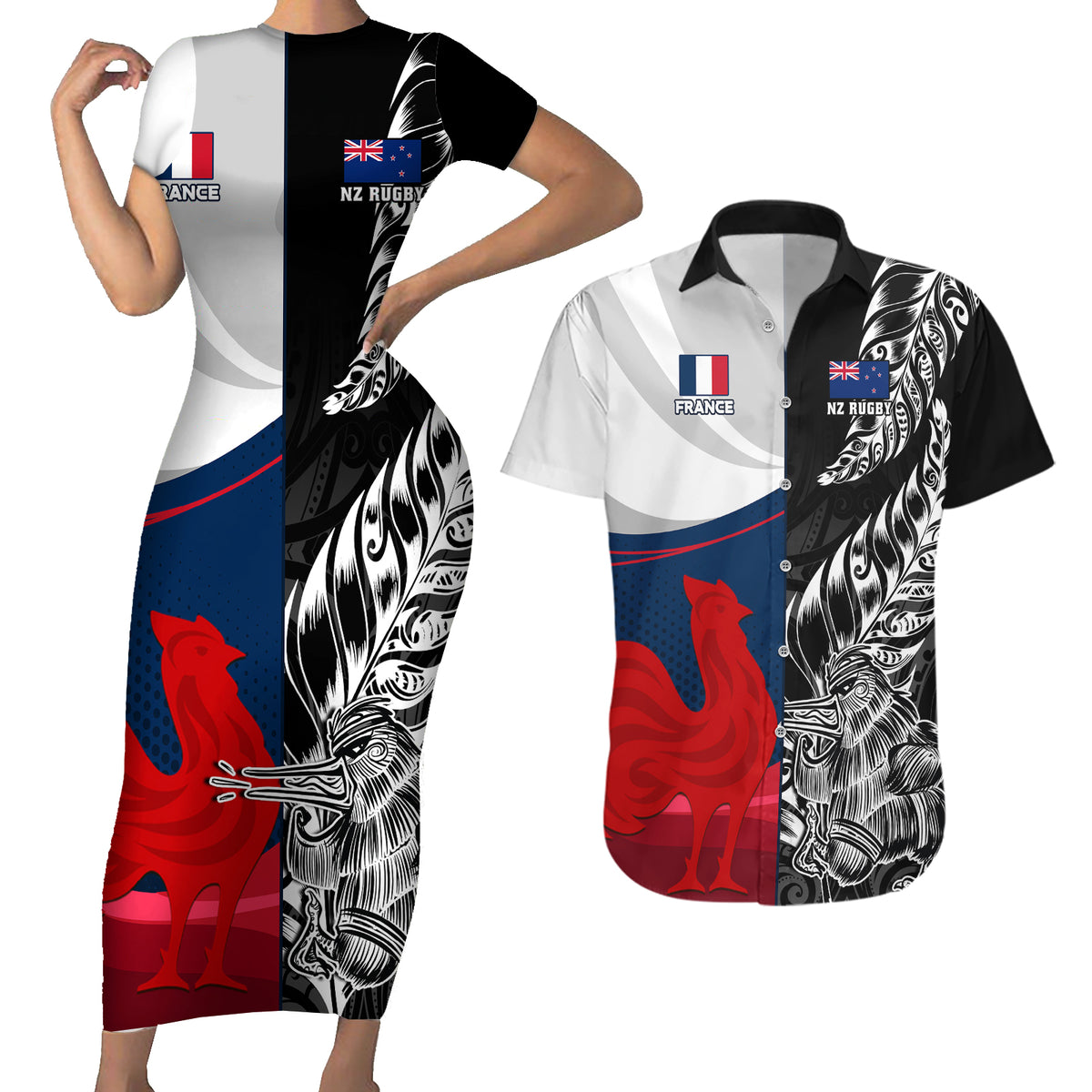 custom-new-zealand-and-france-rugby-couples-matching-short-sleeve-bodycon-dress-and-hawaiian-shirt-xv-de-france-kiwi-silver-fern-2023-world-cup