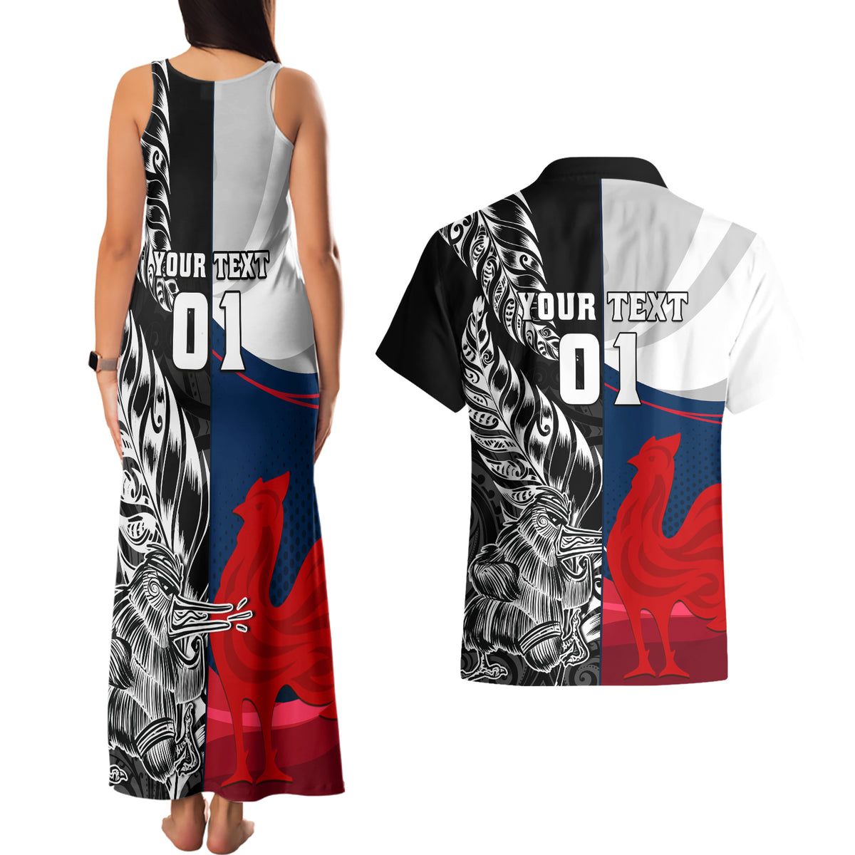 Custom New Zealand And France Rugby Couples Matching Tank Maxi Dress and Hawaiian Shirt XV de France Kiwi Silver Fern 2023 World Cup LT01 - Polynesian Pride