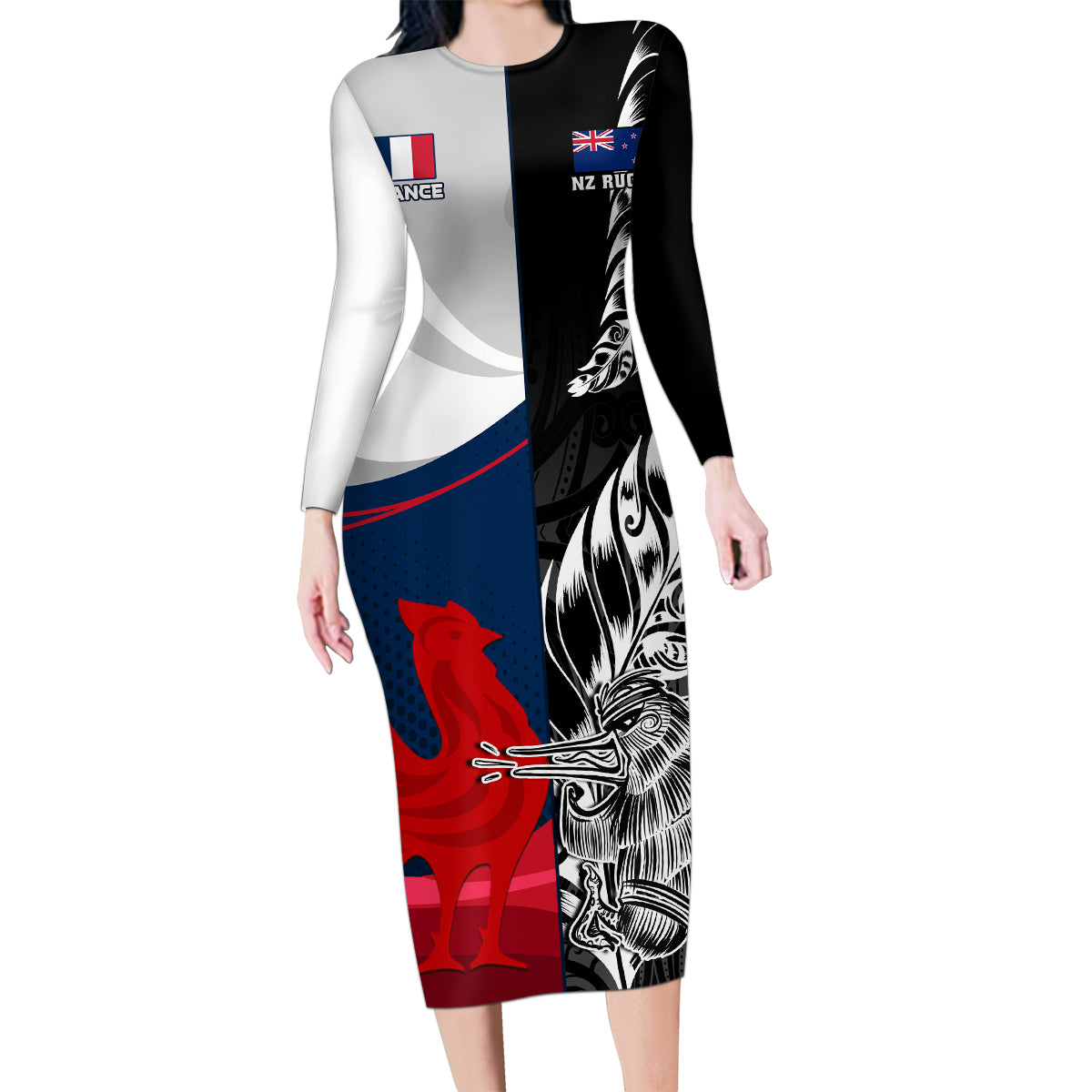 custom-new-zealand-and-france-rugby-family-matching-long-sleeve-bodycon-dress-and-hawaiian-shirt-xv-de-france-kiwi-silver-fern-2023-world-cup