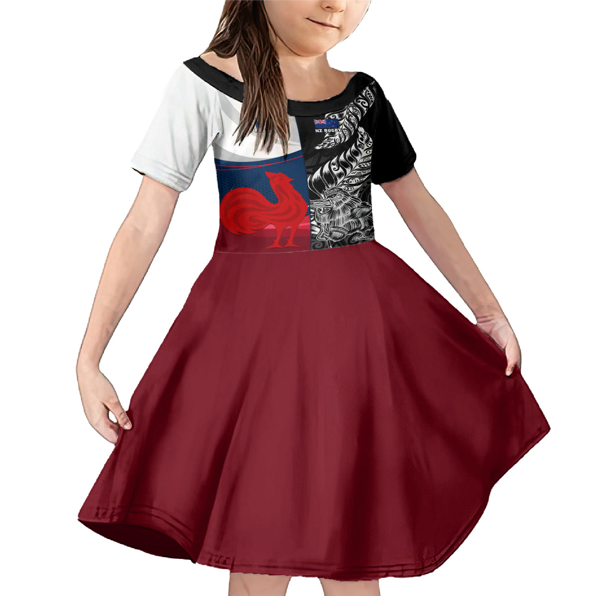 Custom New Zealand And France Rugby Family Matching Mermaid Dress and Hawaiian Shirt XV de France Kiwi Silver Fern 2023 World Cup LT01 Daughter's Dress Black - Polynesian Pride