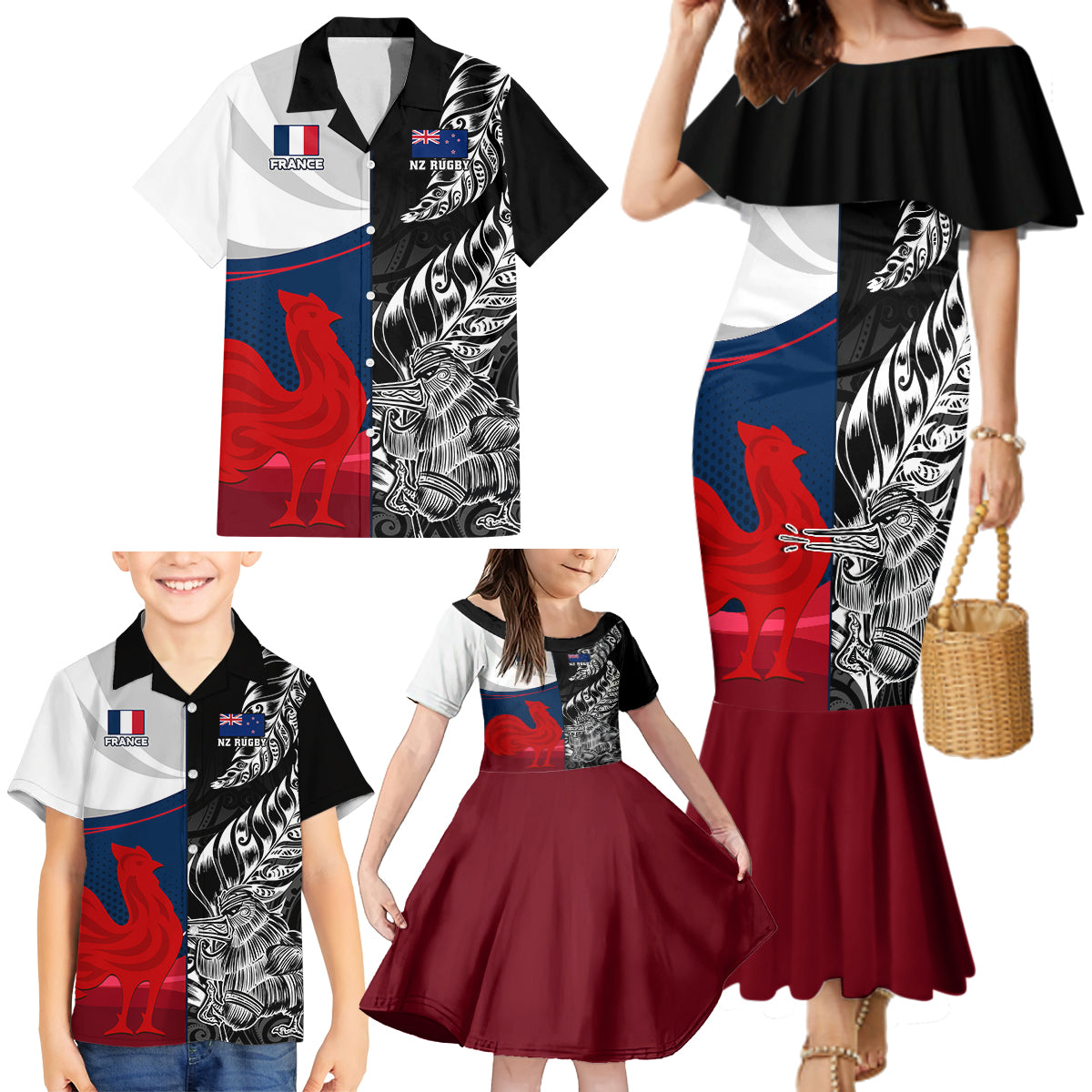 Custom New Zealand And France Rugby Family Matching Mermaid Dress and Hawaiian Shirt XV de France Kiwi Silver Fern 2023 World Cup LT01 - Polynesian Pride