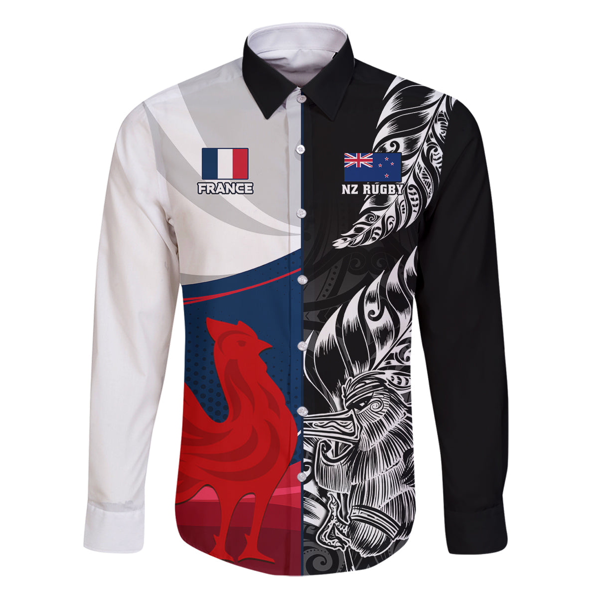 Custom New Zealand And France Rugby Family Matching Mermaid Dress and Hawaiian Shirt XV de France Kiwi Silver Fern 2023 World Cup LT01 Dad's Shirt - Long Sleeve Black - Polynesian Pride