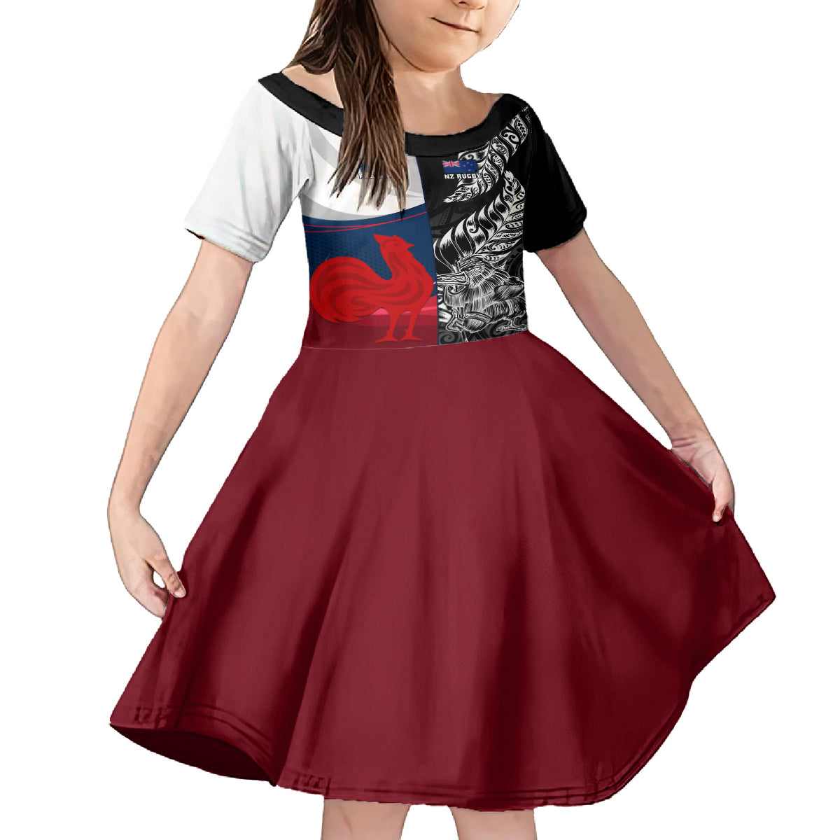 Custom New Zealand And France Rugby Family Matching Tank Maxi Dress and Hawaiian Shirt XV de France Kiwi Silver Fern 2023 World Cup LT01 Daughter's Dress Black - Polynesian Pride