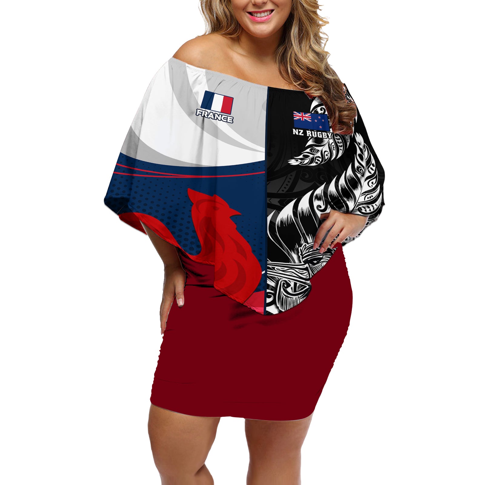 custom-new-zealand-and-france-rugby-off-shoulder-short-dress-xv-de-france-kiwi-silver-fern-2023-world-cup