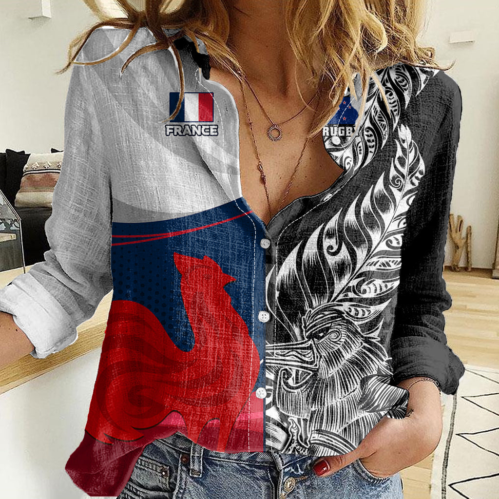 Custom New Zealand And France Rugby Women Casual Shirt XV de France Kiwi Silver Fern 2023 World Cup LT01 Female Black - Polynesian Pride