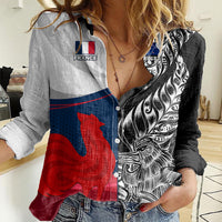 Custom New Zealand And France Rugby Women Casual Shirt XV de France Kiwi Silver Fern 2023 World Cup LT01 Female Black - Polynesian Pride