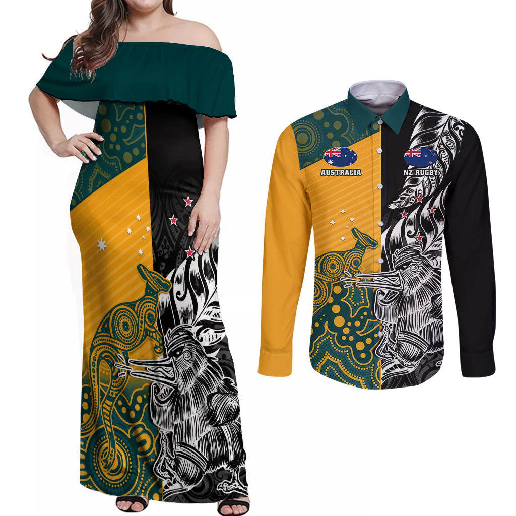 custom-new-zealand-and-ausrtralia-rugby-couples-matching-off-shoulder-maxi-dress-and-long-sleeve-button-shirts-wallabies-kiwi-silver-fern-2023-world-cup