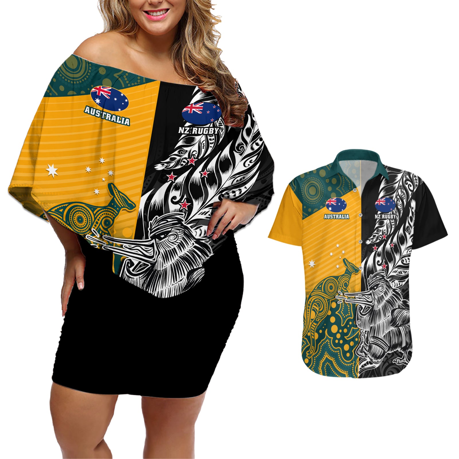 custom-new-zealand-and-ausrtralia-rugby-couples-matching-off-shoulder-short-dress-and-hawaiian-shirt-wallabies-kiwi-silver-fern-2023-world-cup