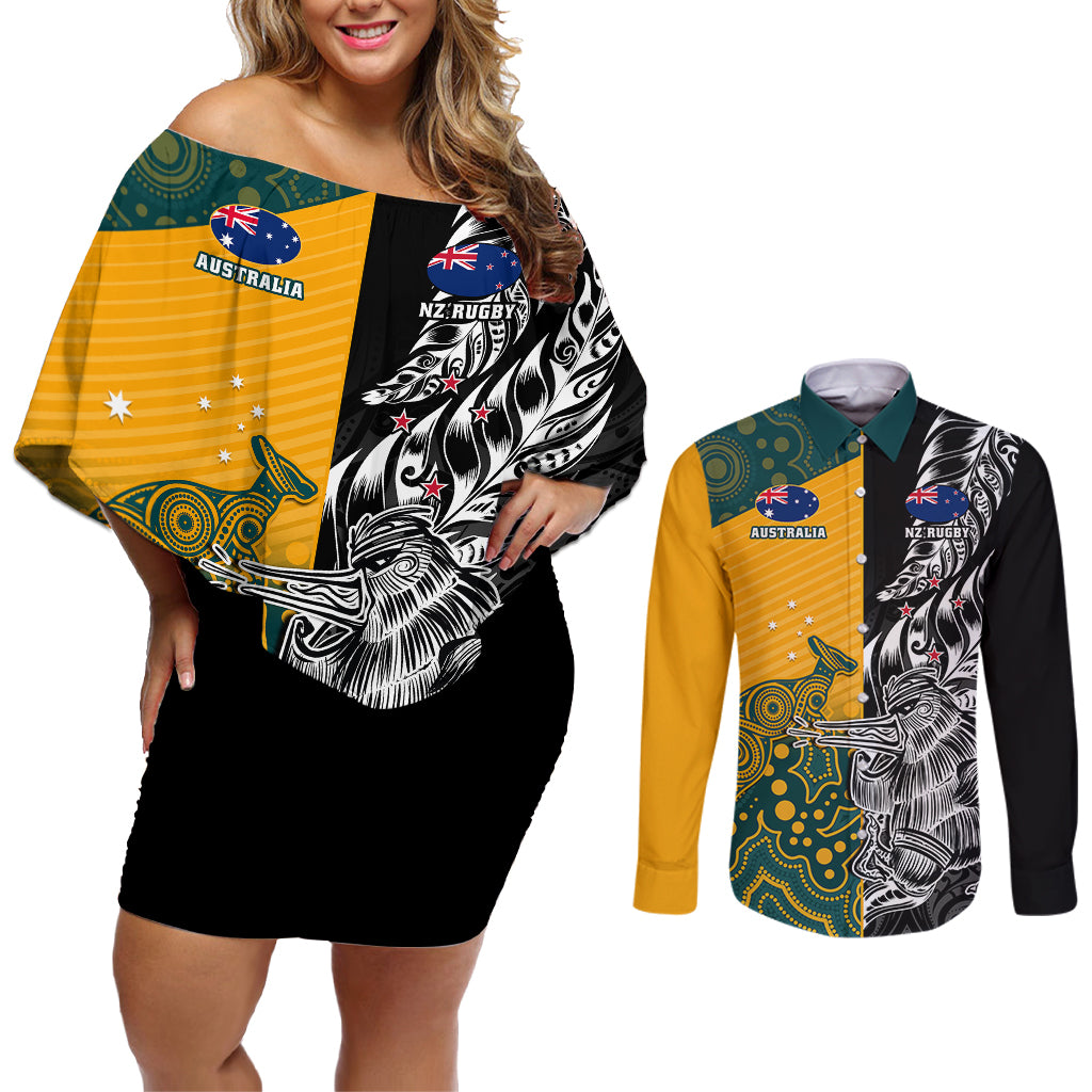 custom-new-zealand-and-ausrtralia-rugby-couples-matching-off-shoulder-short-dress-and-long-sleeve-button-shirts-wallabies-kiwi-silver-fern-2023-world-cup