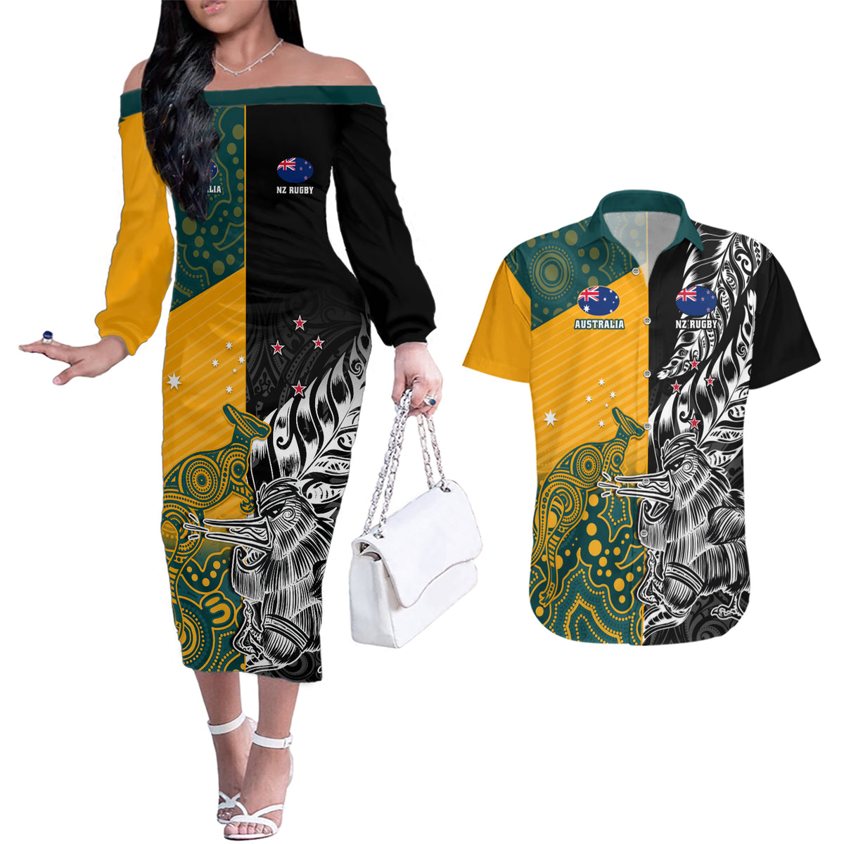 Custom New Zealand And Australia Rugby Couples Matching Off The Shoulder Long Sleeve Dress and Hawaiian Shirt Wallabies Kiwi Silver Fern 2023 World Cup LT01 Black - Polynesian Pride