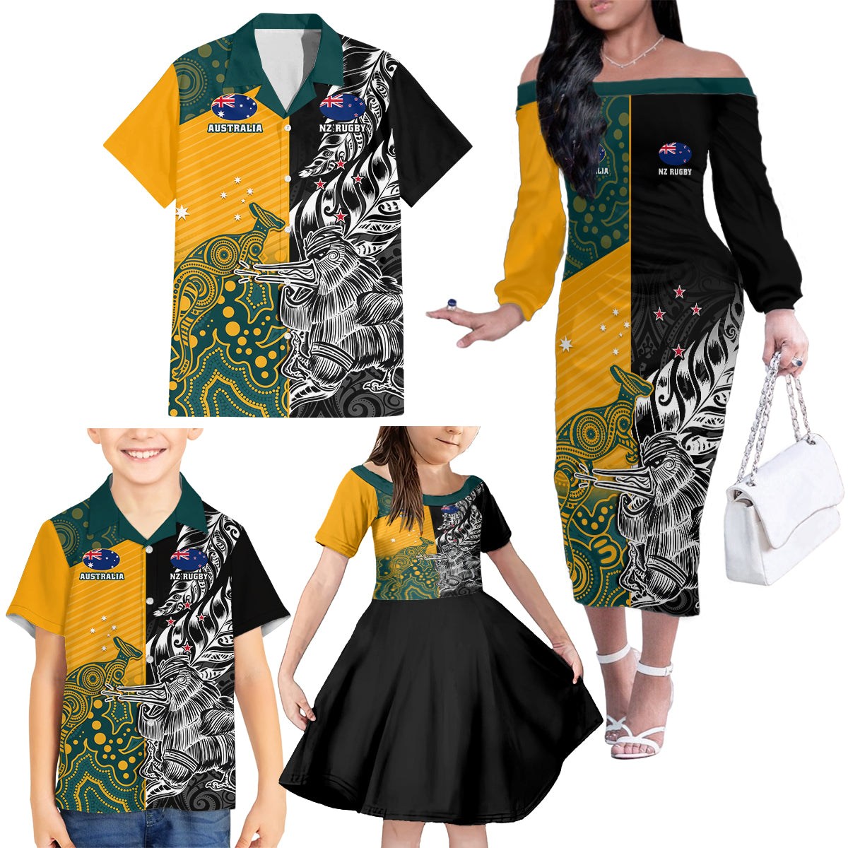 custom-new-zealand-and-ausrtralia-rugby-family-matching-off-shoulder-long-sleeve-dress-and-hawaiian-shirt-wallabies-kiwi-silver-fern-2023-world-cup