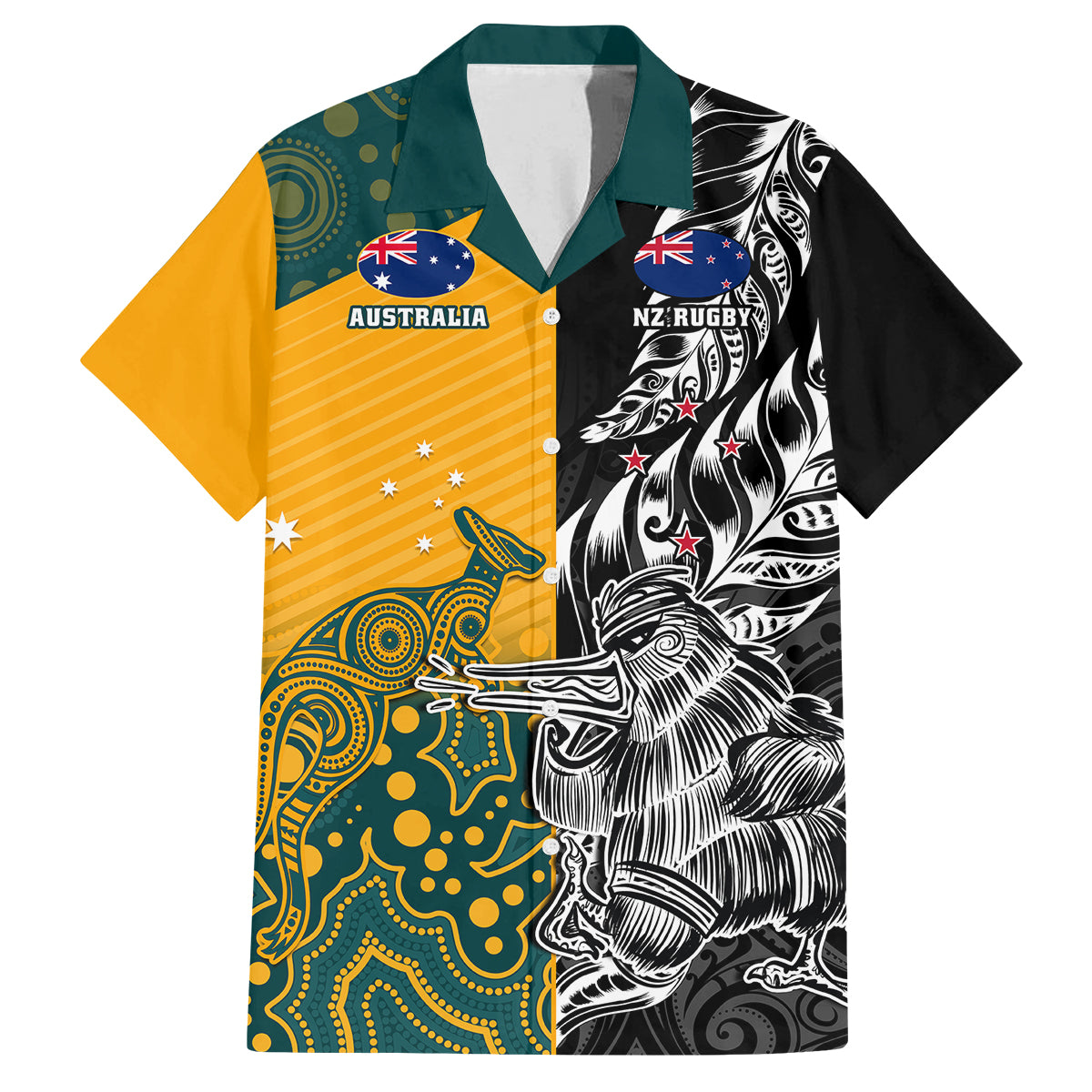 Custom New Zealand And Australia Rugby Family Matching Puletasi Dress and Hawaiian Shirt Wallabies Kiwi Silver Fern 2023 World Cup LT01 Dad's Shirt - Short Sleeve Black - Polynesian Pride