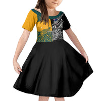 Custom New Zealand And Australia Rugby Family Matching Tank Maxi Dress and Hawaiian Shirt Wallabies Kiwi Silver Fern 2023 World Cup LT01 Daughter's Dress Black - Polynesian Pride