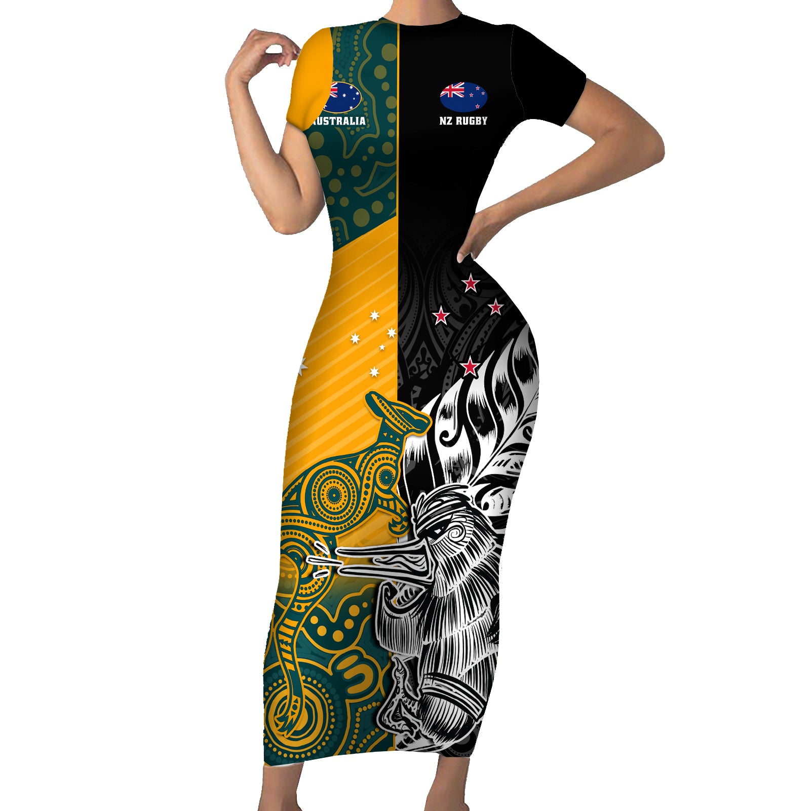 custom-new-zealand-and-ausrtralia-rugby-short-sleeve-bodycon-dress-wallabies-kiwi-silver-fern-2023-world-cup