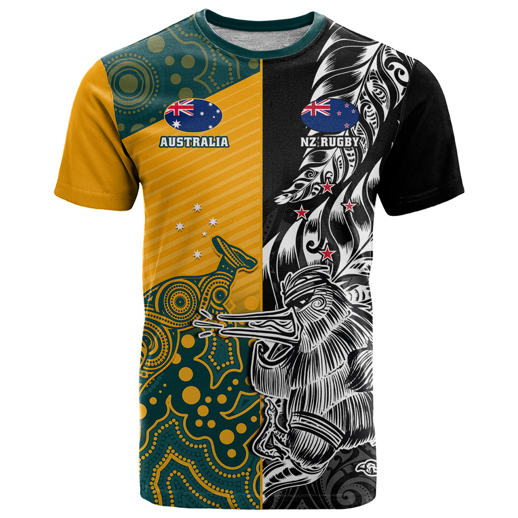 Custom New Zealand And Australia Rugby T Shirt Wallabies Kiwi Silver Fern 2023 World Cup LT01 Black - Polynesian Pride