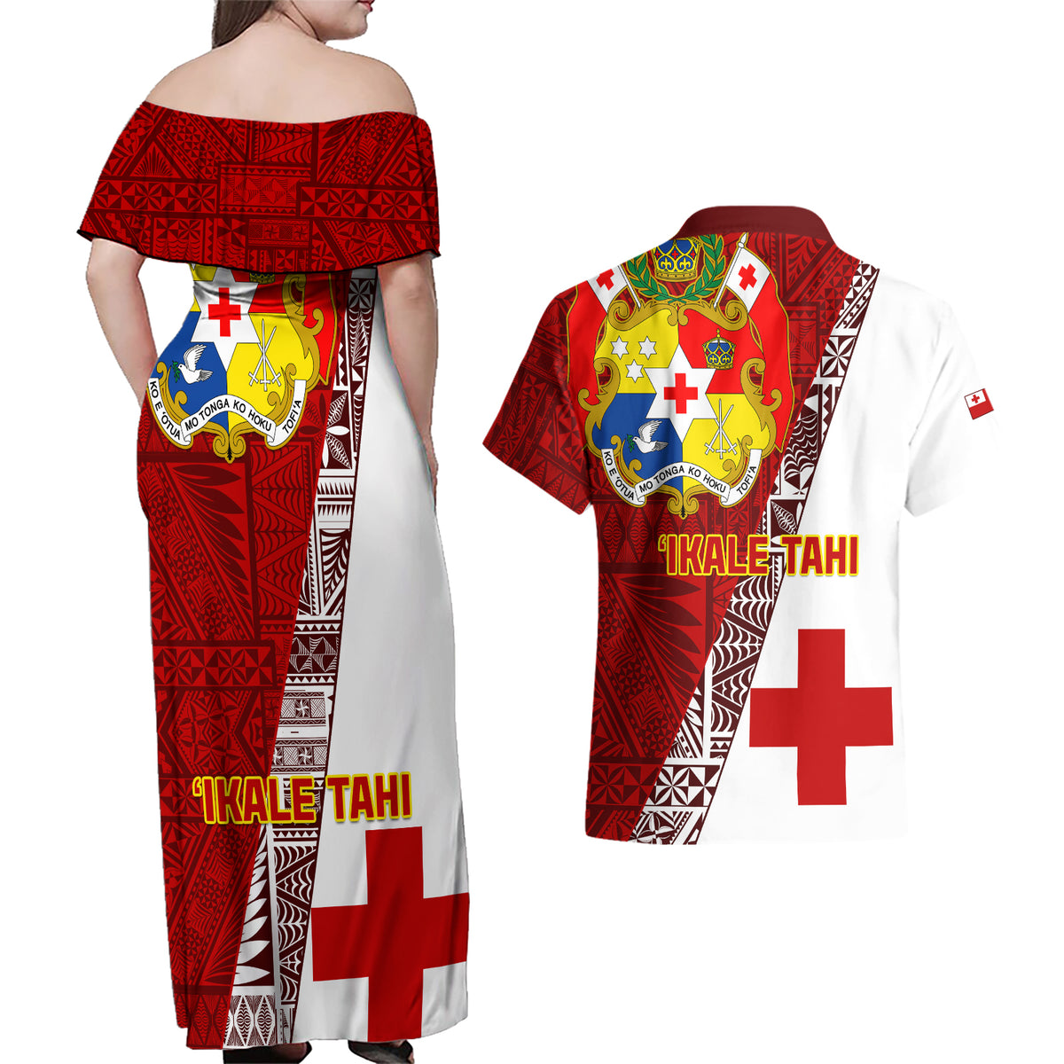 Tonga Rugby Couples Matching Off Shoulder Maxi Dress and Hawaiian Shirt Tongan Go 2023 World Cup LT01 - Polynesian Pride