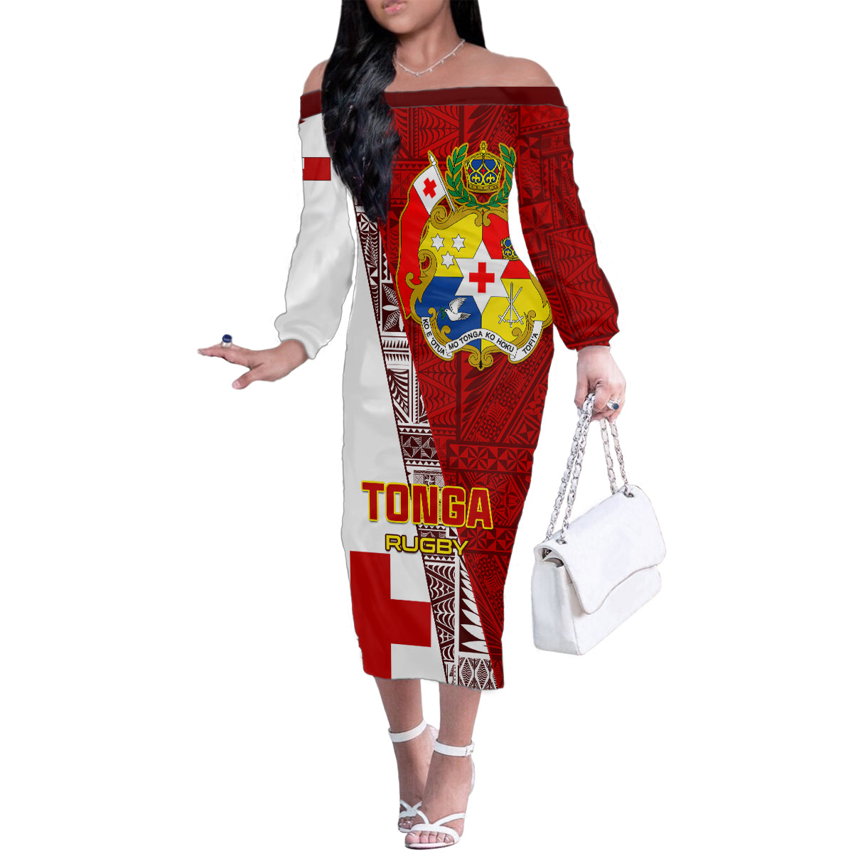Tonga Rugby Family Matching Off Shoulder Long Sleeve Dress and Hawaiian Shirt Tongan Go 2023 World Cup LT01 Mom's Dress Red - Polynesian Pride