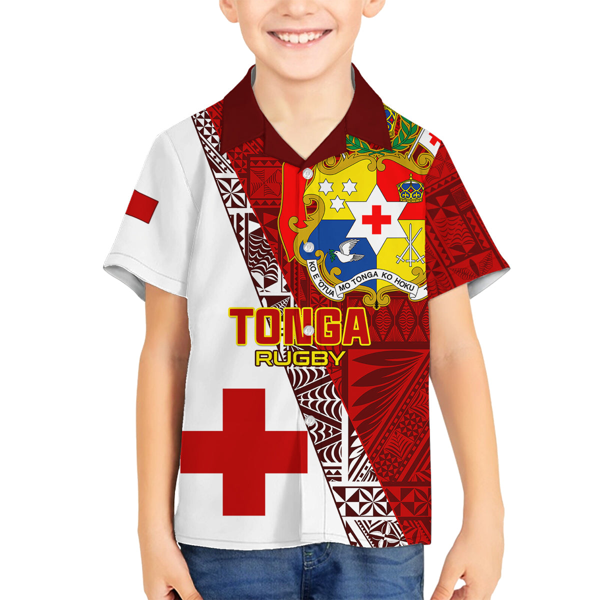 Tonga Rugby Family Matching Off Shoulder Long Sleeve Dress and Hawaiian Shirt Tongan Go 2023 World Cup LT01 Son's Shirt Red - Polynesian Pride