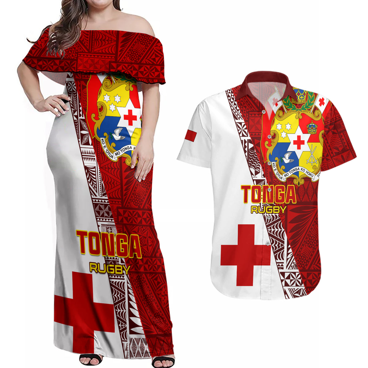Custom Tonga Rugby Couples Matching Off Shoulder Maxi Dress and Hawaiian Shirt Tongan Go 2023 World Cup LT01 Red - Polynesian Pride