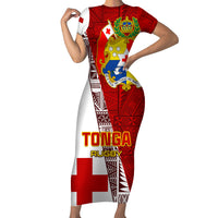 Custom Tonga Rugby Family Matching Short Sleeve Bodycon Dress and Hawaiian Shirt Tongan Go 2023 World Cup LT01 Mom's Dress Red - Polynesian Pride