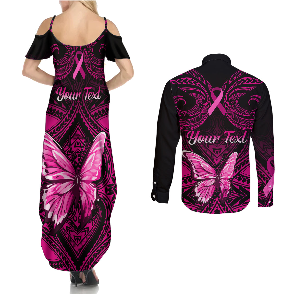 personalised-pink-out-couples-matching-summer-maxi-dress-and-long-sleeve-button-shirts-breast-cancer-awareness-polynesian-pattern-black-version