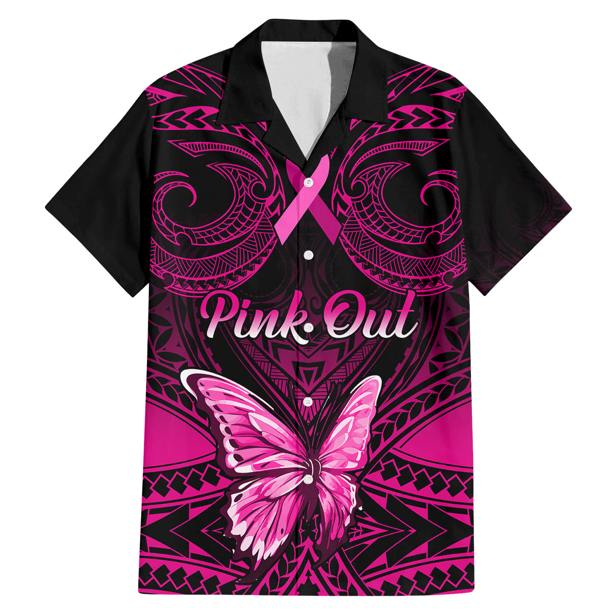 Personalised Pink Out Family Matching Mermaid Dress and Hawaiian Shirt Breast Cancer Awareness Polynesian Pattern Black Version LT01 Dad's Shirt - Short Sleeve Black - Polynesian Pride