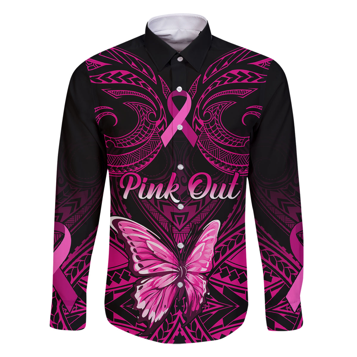personalised-pink-out-family-matching-off-shoulder-long-sleeve-dress-and-hawaiian-shirt-breast-cancer-awareness-polynesian-pattern-black-version